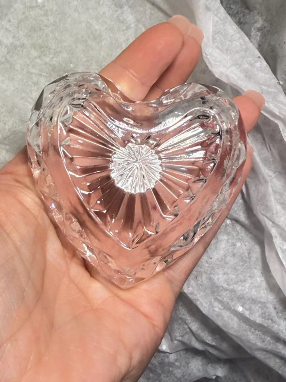 Vintage Heart Crystal Ring Holder Etched Glass Jewelry Dish Vanity Decor